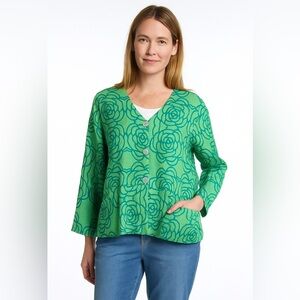 FLAX 100% Linen Rose Printed Jacket Lightweight Buttons Green Small LIKE NEW